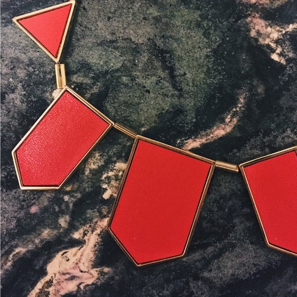 House of Harlow 1960 Red Leather and Gold Stations Geometric Gold Necklace - Picture 8 of 15